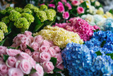 lot of flower bouquets at the florist shop hydrangea, roses, peonies, eustoma