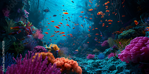  Colorful coral reef and fish in Tropical sea, underwater world is thought the origin of Earth's life, undersea beauty, a stress releasing view of fish aquarium at the end of a hardworking day 