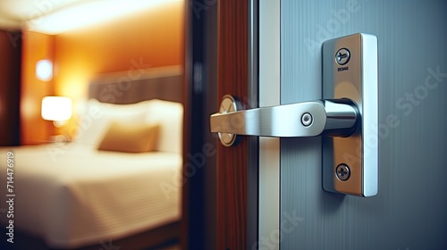 Close-up shot of door handle at hotel room with blurred bedroom on background 