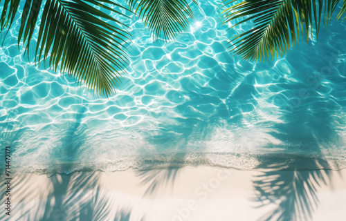 top view of water surface with tropical leaf shadow. Shadow of palm leaves on white sand beach.  © somruethai