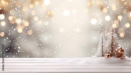 Empty white wold table top with abstract warm living room decor with christmas tree string light blur background with snow,Holiday backdrop,Mock up banner for display of advertise product 