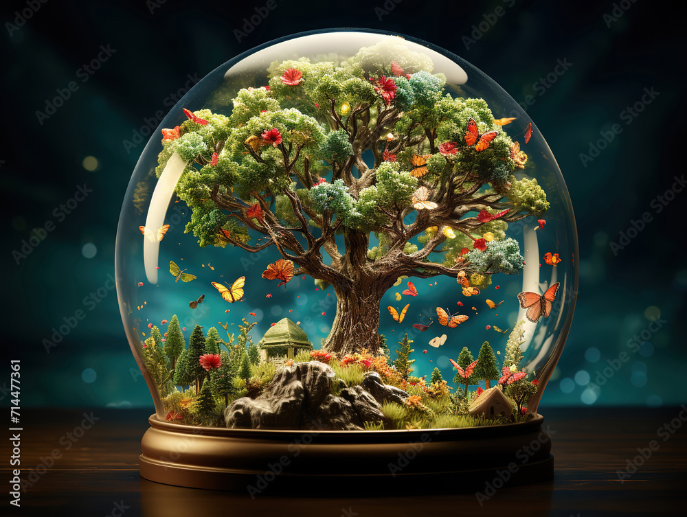 Apple tree under a glass hood with a mini fairytale world, butterflies Apple tree under a glass hood with a mini fairytale world, butterflies