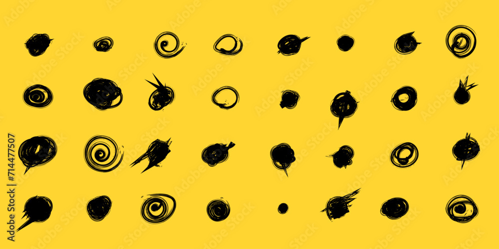 Set of hand drawn doodle circles in a grunge style. Scribble doodle circle and point. Vector illustration for bullet journal. Isolated yellow background. Collection black shapes dots and drops. Set of hand drawn doodle circles in a grunge style. Scribble doodle circle and point. Vector illustration for bullet journal. Isolated yellow background. Collection black shapes dots and drops.