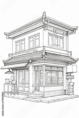 Coloring book, vintage of ramen shop in Japan. on a white background,