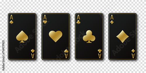 Golden hearts, spades, diamonds, clubs cards sign. Black aces playing card suits set. Poker or casino, gambling concept. A winning poker hand. Template for casino or poker. Vector illustration.