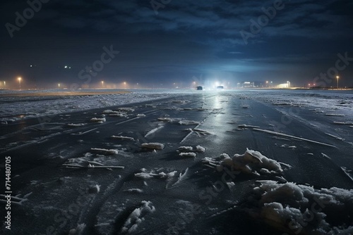 frozen tarmac in a stormy night. Generative AI photo