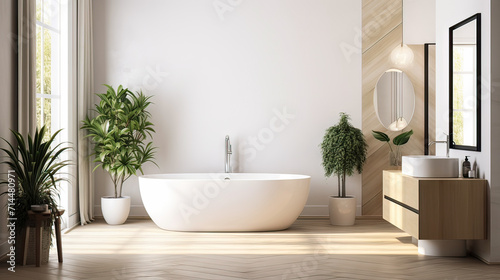 Interior of modern bathroom with white bathtub