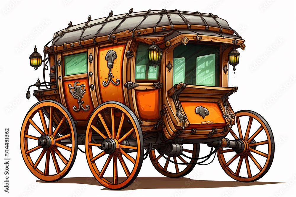 Wild west style wood covered wagon with barrel, shovel, saw and lantern. Hand-drawn western