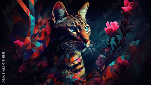 A captivating geometric-patterned cat with vibrant flowers creating an artistic digital composition.