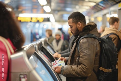 A man buying tickets at subway station machines photo