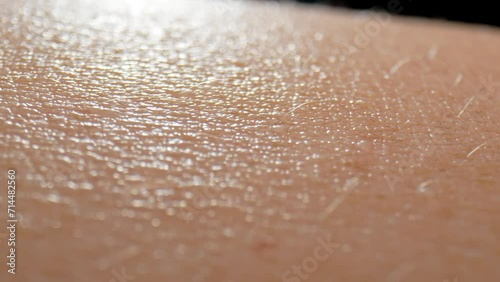 In this captivating macro video, witness the arm's skin as a breathtaking landscape, with valleys of wrinkles and mountains of follicles. 4K.
 photo
