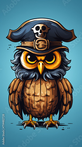 Sail into a captivating world of whimsy with a pirate owl featured in a charming illustration against a plain, empty backdrop. 