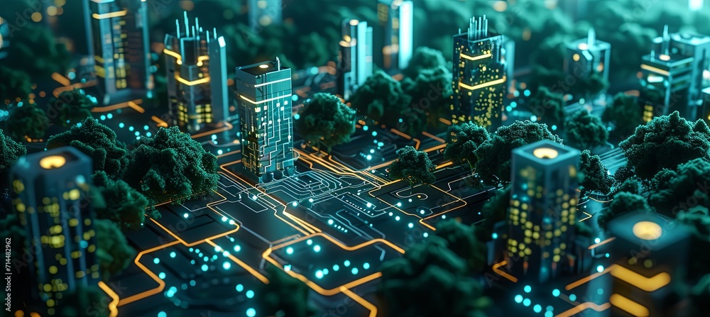lighted electrical circuit board showing trees and cities - obrazy, fototapety, plakaty 