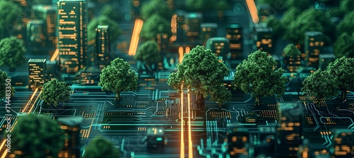 lighted electrical circuit board showing trees and cities #714483350