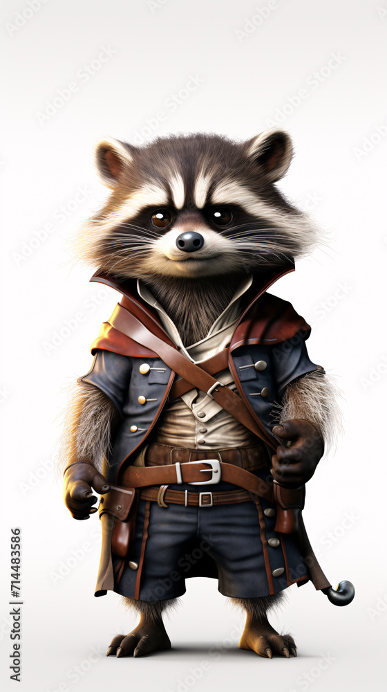 Embark on a mischievous seafaring journey with a pirate raccoon, showcased in a playful illustration against a plain, empty backdrop. Embark on a mischievous seafaring journey with a pirate raccoon, showcased in a playful illustration against a plain, empty backdrop.