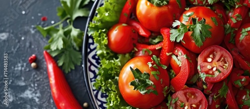 Decorated red peppers and tomatoes with coriander. photo