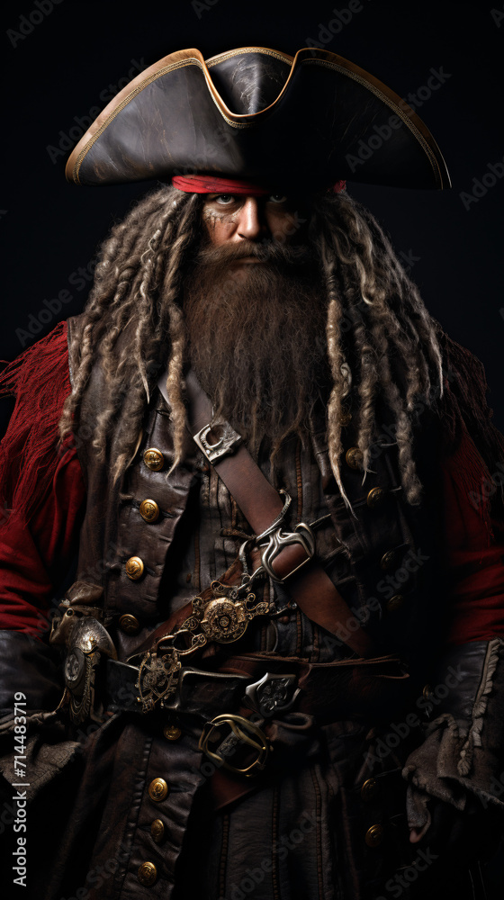Fototapeta premium Embark on a whimsical adventure with the notorious pirate Scurvy, featured in a playful illustration against a plain, empty backdrop.