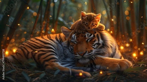 Adorable bengal cat and tiger cub in nature, cute little kitten is playing with predator animal in jungle. Animal friendship concept.