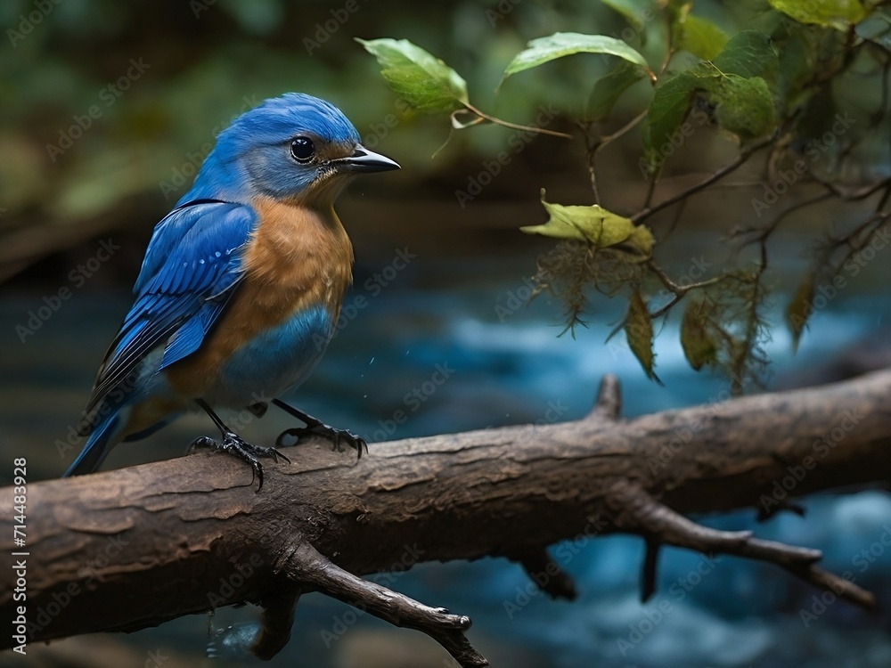 A serene scene of a blue bird perched on a tree branch near a beautiful river, focusing on the underwater fish shadow, representing nature's challenges and beauty. A serene scene of a blue bird perched on a tree branch near a beautiful river, focusing on the underwater fish shadow, representing nature's challenges and beauty.