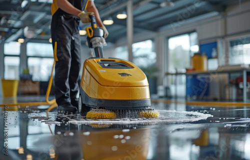 Worker washing office floor with cleaning machine.