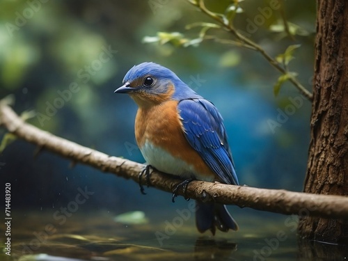  A serene scene of a blue bird perched on a tree branch near a beautiful river, focusing on the underwater fish shadow, representing nature's challenges and beauty. © asankadilshan