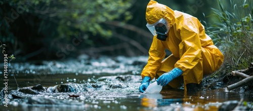 A person in protective gear samples river water after chemical waste discharge. photo