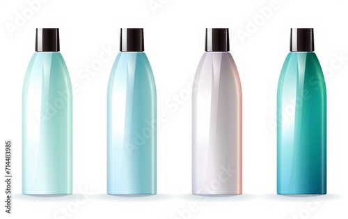 A vector illustration showcases mockups of plastic packaging bottles designed for cosmetics and skin care, set against a white backdrop.