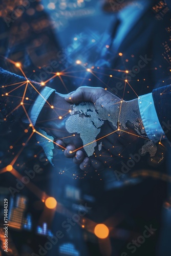 Businessmen shaking hands. Global network and a world map in the foreground. Blockchain concept