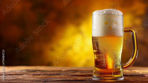 Beer Mug with Overflowing Foam on Wooden Table 