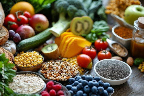 A selection of healthy foods including fruits  vegetables  seeds  superfoods  and grains