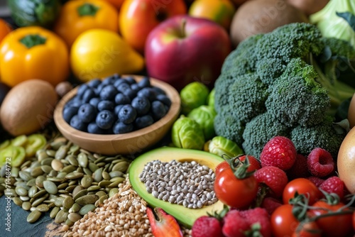 A selection of healthy foods including fruits, vegetables, seeds, superfoods, and grains