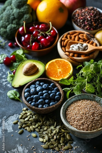 A selection of healthy foods including fruits  vegetables  seeds  superfoods  and grains