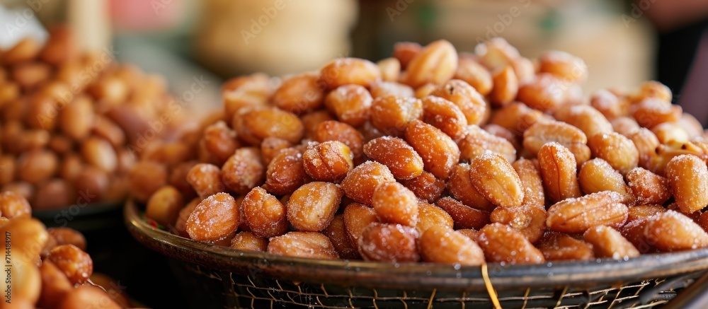 Close-up street food: Sweet candied peanuts, selectively focused and sugary.
