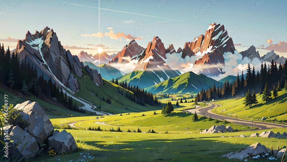 Beautiful mountain views with very wide and green grass. The sky is bright blue with the sun dazzling the eyes. Beautiful mountains wallpaper with anime style. Landscape view
 - obrazy, fototapety, plakaty 