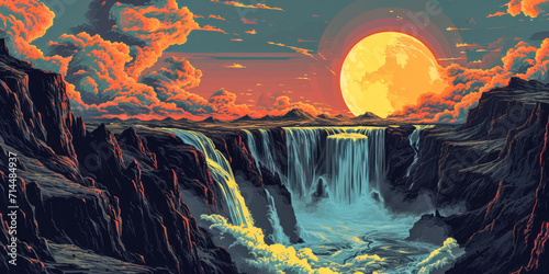 Waterfall illustration with golden moon and mountain landscape