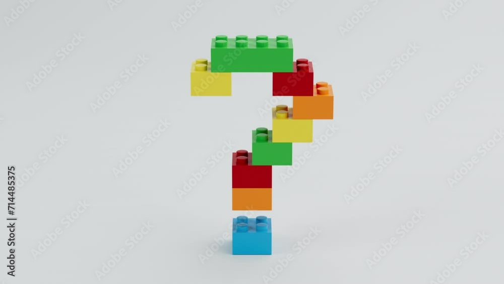 Question Mark with multicolor bricks, blocks staked 3d animation forming a question mark symbol