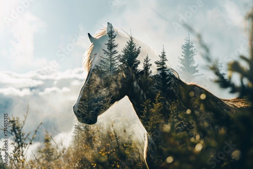 A horse set against a backdrop of wilderness, an artistic double exposure