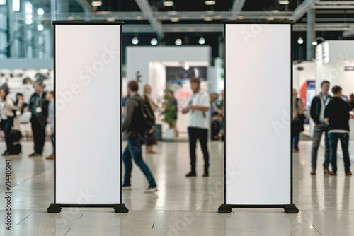 Mockup of two Vertical roll up banner at a trade fair
