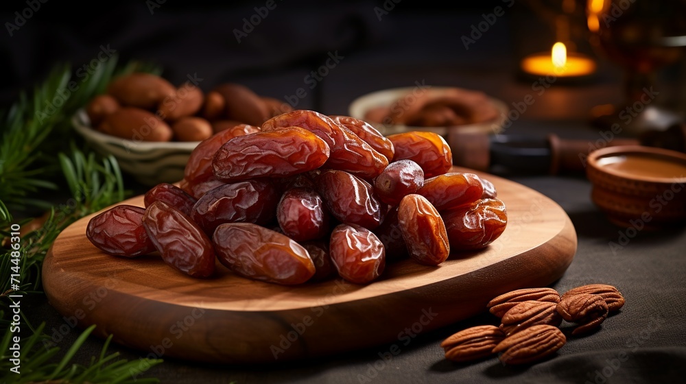 Dates fruit and nuts on a wooden plate on a dark background. Dates fruit and nuts on a wooden plate on a dark background.