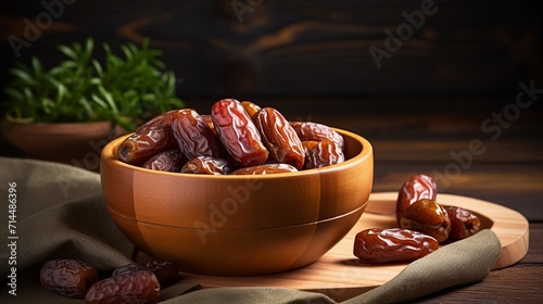 Dates fruit in bowl on wooden background. Healthy food and diet concept.