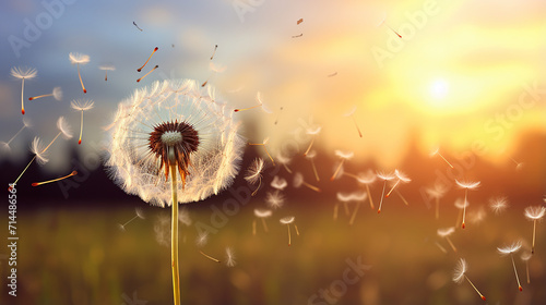 dandelion clock dispersing seed with sunrise photo