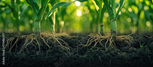 The detailed network of corn roots is a hidden masterpiece that supports the plant's growth in the soil, aided by Environment hud and Agriculture Technology. photo