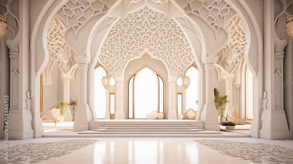 A white marble room with arabic ornaments.