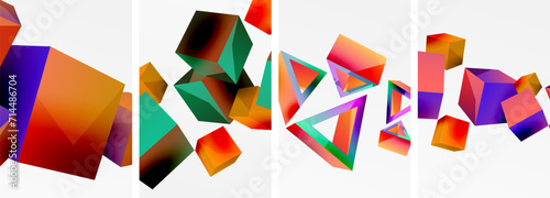 Flying 3d shapes, cubes and other geometric elements background design for wallpaper, business card, cover, poster, banner, brochure, header, website