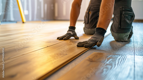 Worker installing laminate floor
