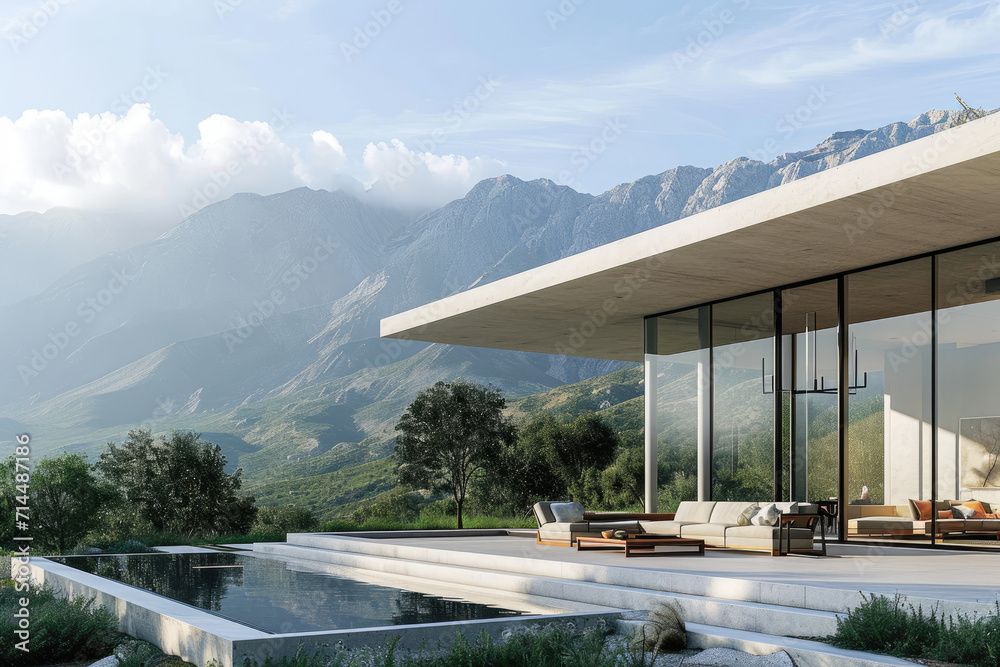 high view of a Modern exterior of a luxury villa in a minimal style. Glass house in the mountains. Magnificent mountain views from the veranda of a modern villa