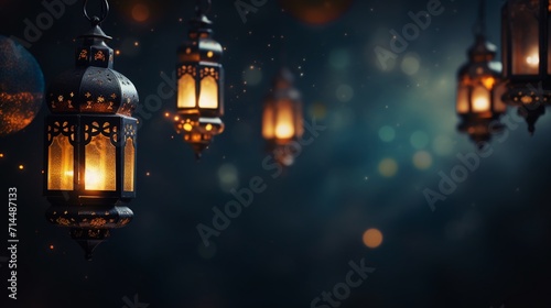 Ramadan Kareem background with arabic lanterns and blurrylights.