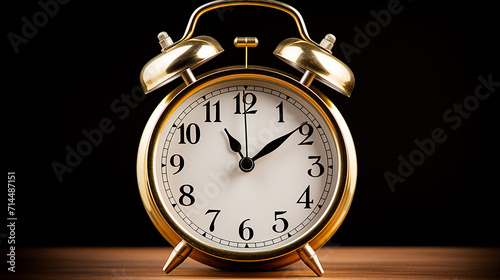 iconic alarm clock and clock hands isolated on dark background