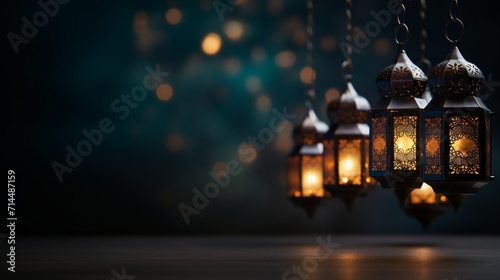 Ramadan Kareem background with arabic lanterns and blurrylights. photo