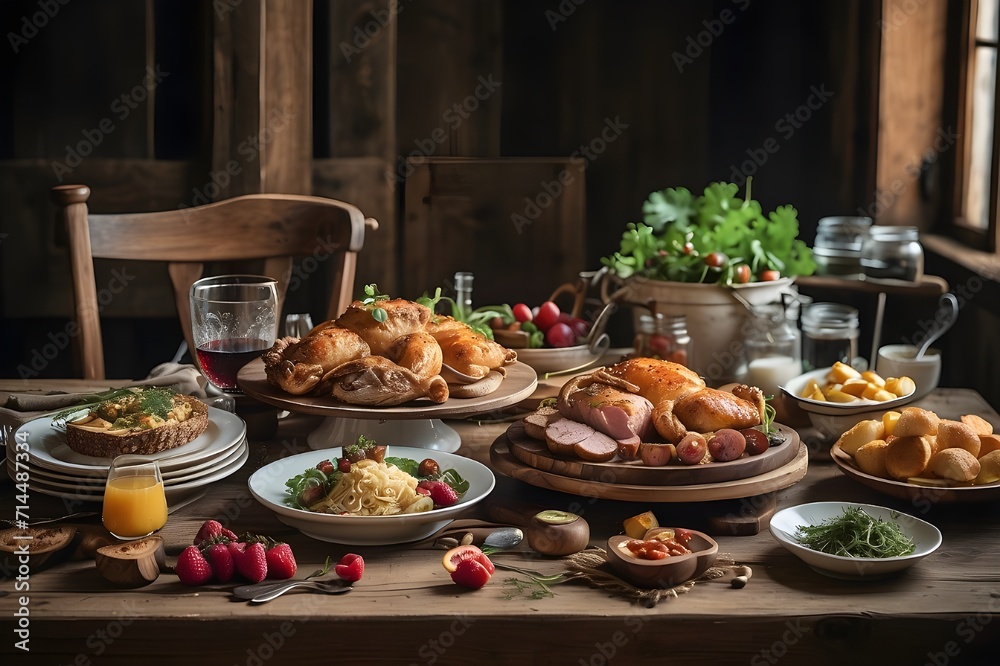 A_mouthwatering_feast_awaits_on_a_rustic_table_full_of_food,still_life_with_meat_and_vegetables,appetizers